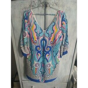 Pink Owl V neck Knee Length Dress Small Boho Beachy Multicolor